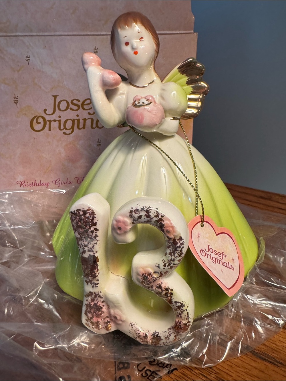 Josef Originals Green and Pink 13th Birthday Angel Figurine